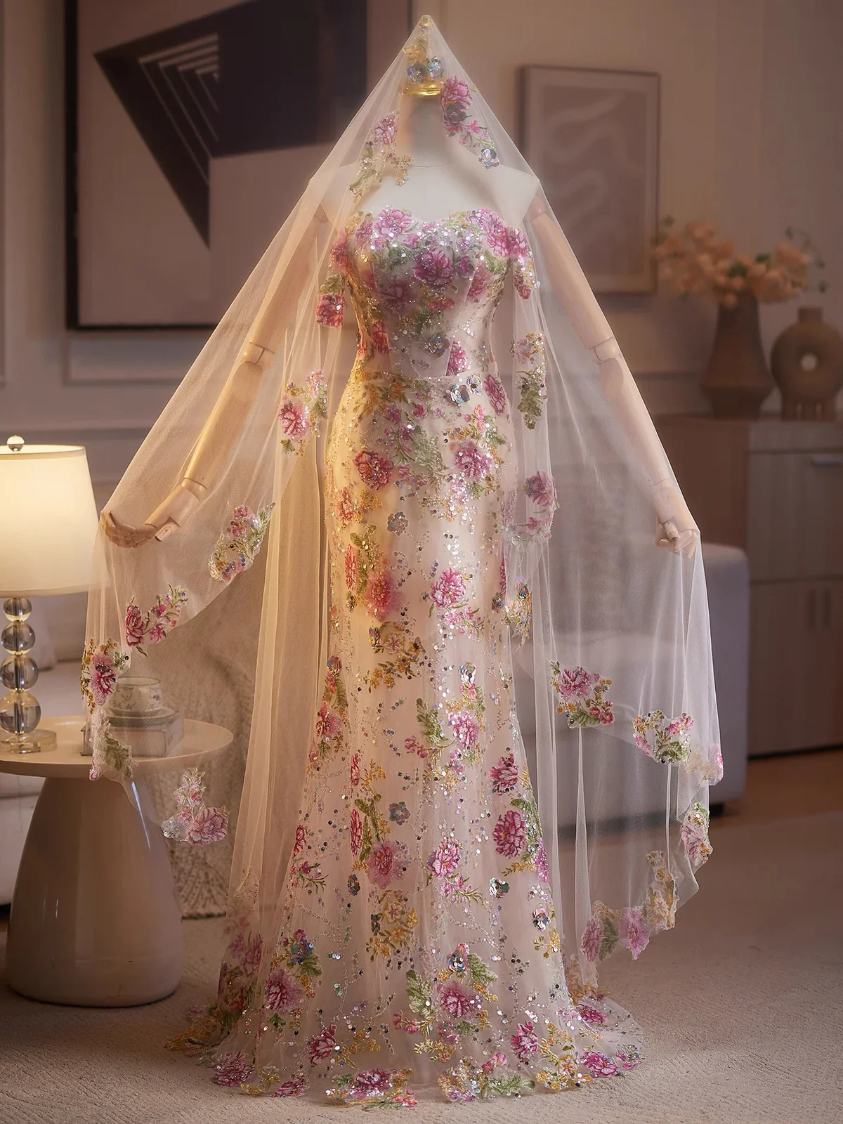 Glam Strapless Mermaid Tulle Long Prom Dresses, Floral Formal Evening Dresses DP3165 - Deanwangkt