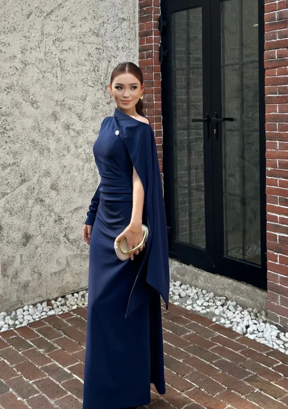 Glam Sheath Mother Of Bride Dresses Long-Sleeved Navy Blue Wedding Guest Dresses DP3950 - Deanwangkt