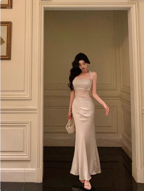 Elegant Mermaid Halter Satin Sleeveless 18th Birthday Dress Party Gown Birthday Outfits Birthday Dress Ideas For Women DP567 - Deanwangkt