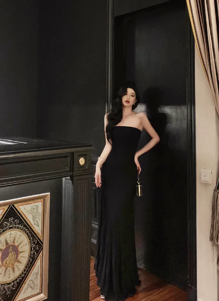 Sexy Mermaid Strapless Black 18th Birthday Dress Floor Length Party Birthday Outfits For Women DP0165 - Deanwangkt