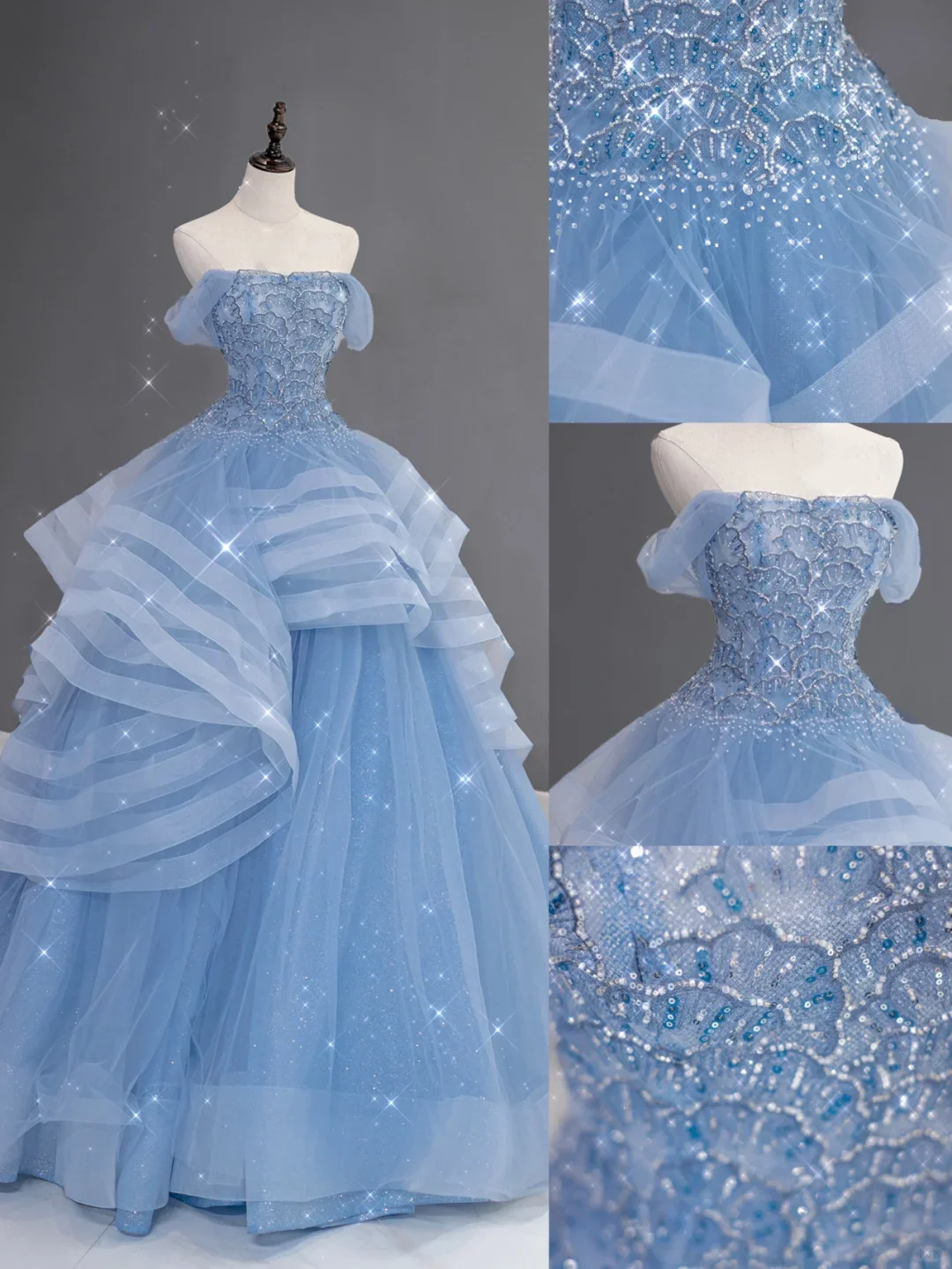Pretty Ball Gown Off The Shoulder Blue Tulle Long Quinceanera Dress Formal Gowns Vestido De 15 Anos Sweet 16 Dress DH866 - Deanwangkt