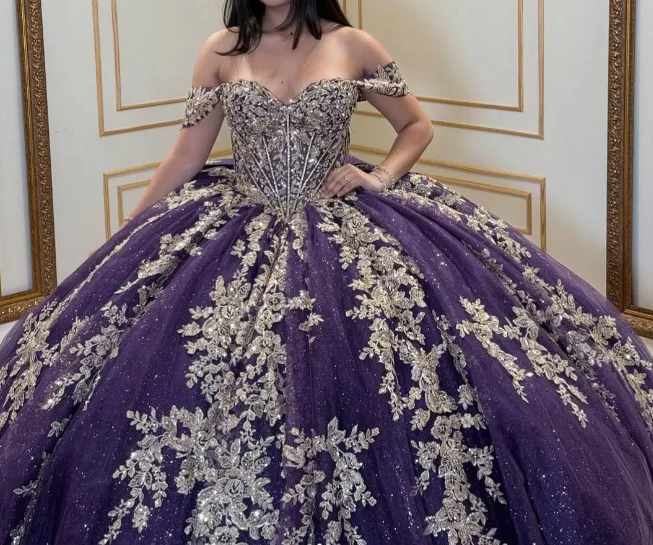Gorgeous Ball GownTulle Long Prom Dresses; Appliqué Off-shoulder Purple Quinceanera Dresses; Sweet 16 Dresses DP04036 - Deanwangkt