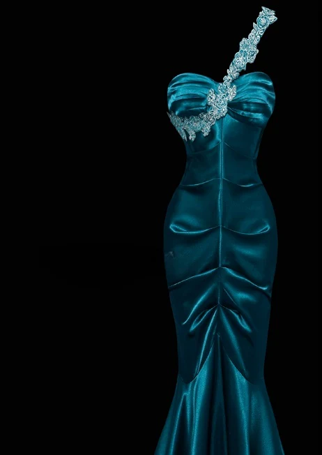 Chic One Shoulder Mermaid Wedding Guest Dress, Satin Dark Teal Long Prom Dresses DP3232 - Deanwangkt