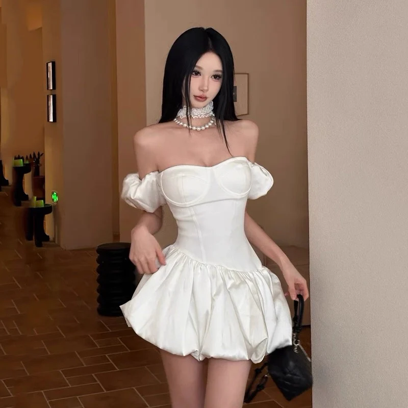 Cute Ball Gown Off The Shoulder White Satin Short Formal 8th Grade Homecoming Dresses Middle School Cocktail Dress Hoco Outfits DH2627 - Deanwangkt