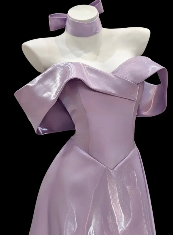 Elegant Off-shoulder A-Line Satin Prom Dresses, Purple Formal Evening Dresses DP3143 - Deanwangkt