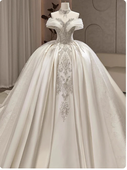 Modest Ball Gown Off-the-shoulder Bridal Dress White Tulle Long Wedding Dress Elegant Beading Applique Bridal Gowns DP2817 - Deanwangkt