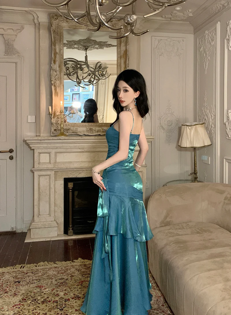 Pretty Mermaid Spaghetti Straps Sleeveless Blue Prom Gown Long Evening Dress Prom Dresses DP229 - Deanwangkt