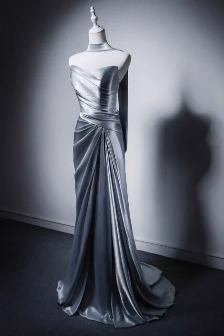 Elegant Light Gray Blue Mermaid Evening Gowns Strapless Satin Long Prom Dress Modest Sleeveless Formal Dress with Scarf DH2746 - Deanwangkt