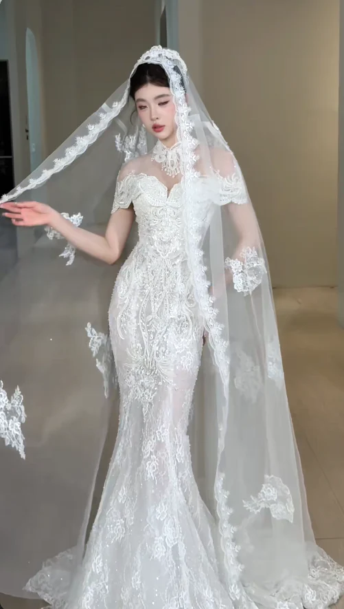 Timeless Mermaid Long Wedding Dresses, Short-sleeved White Bridal Gowns, Lace Bridal Dresses DP3976 - Deanwangkt