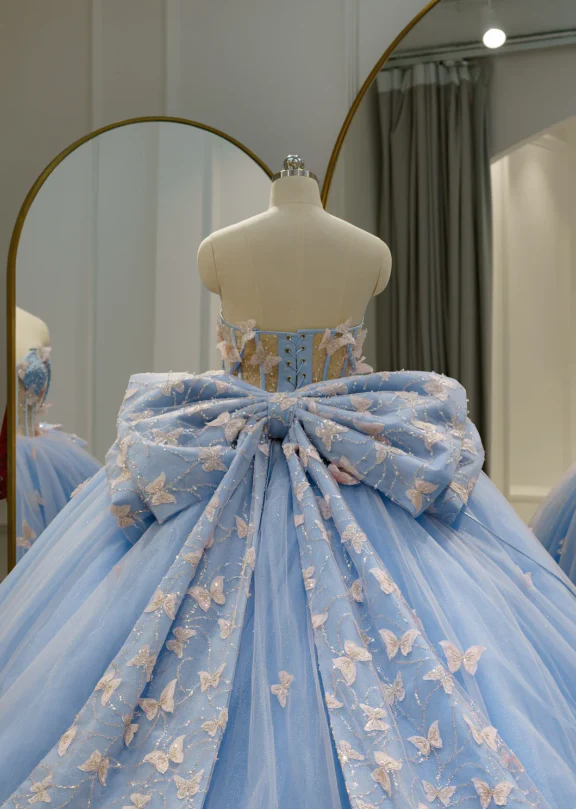 Cute Off-the-shoulder Ball Gown Tulle Long Prom Dresses Applique Blue Quinceanera Dresses Sweet 16 Dresses DP3365 - Deanwangkt