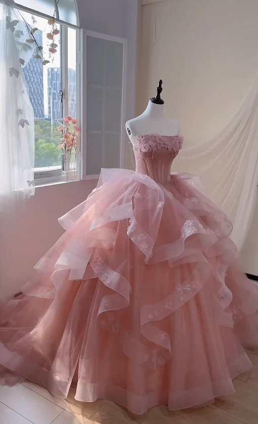 Gorgeous Strapless Ball Gown Tulle Applique Long Prom Dresses Pink Quinceanera Dress Sleeveless Sweet 16 Dresses DP3275 - Deanwangkt