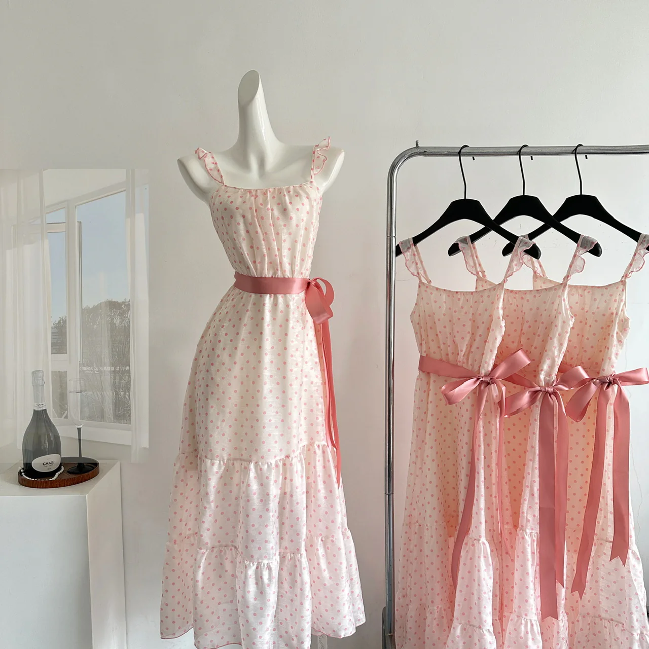 Sexy A line Square Neckline Pink Summer Polka Dots Dress Holiday Party Outfits For Women DP0110 - Deanwangkt