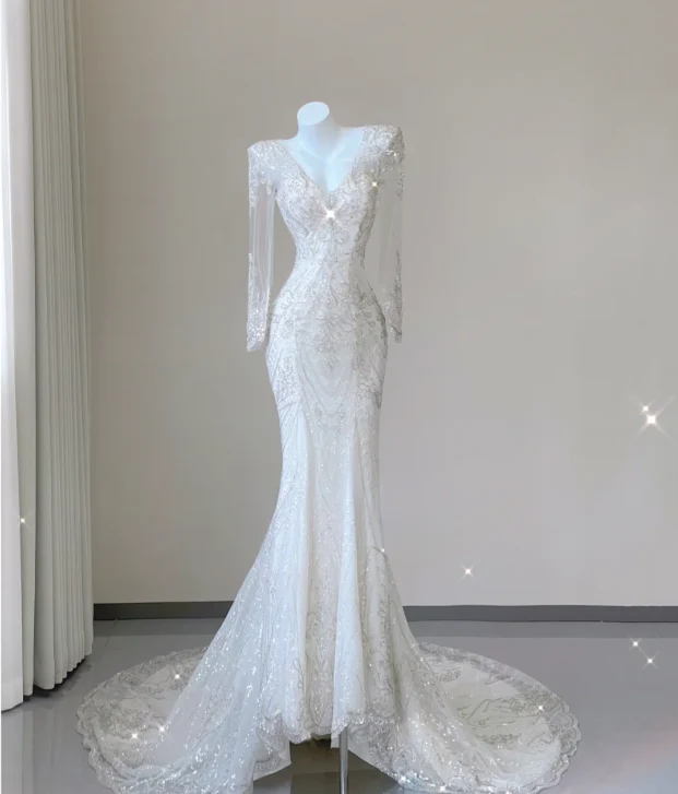 Unique Mermaid V Neckline White Sequin Long Wedding Dresses Brides Dress P0025 - Deanwangkt