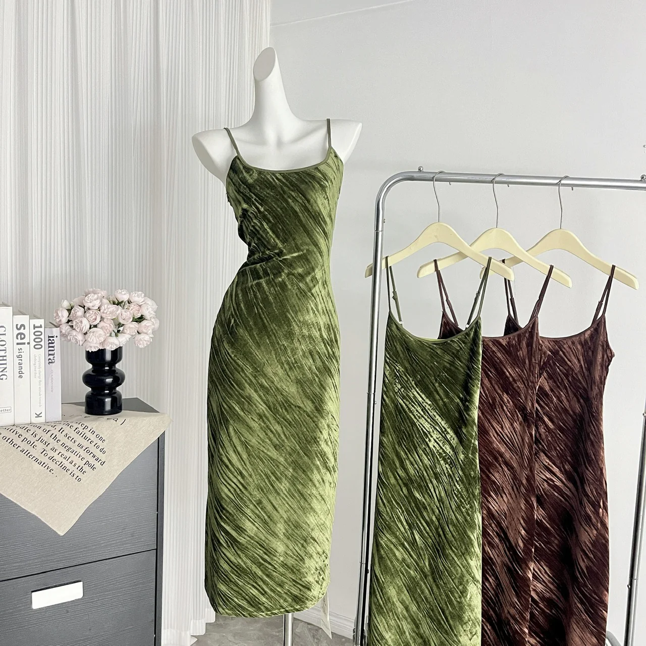 Sexy Mermaid Spaghetti Straps Velvet Green Summer Dress Holiday Party Outfits For Women DP0093 - Deanwangkt