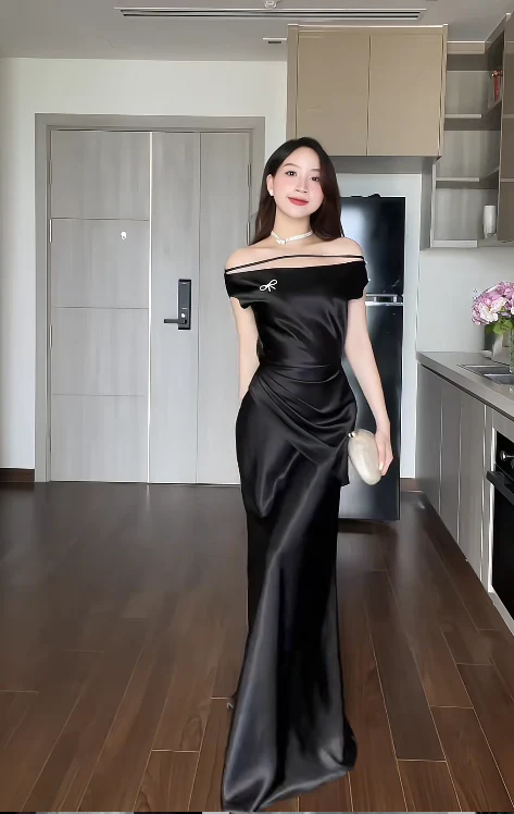 Elegant Bateau Sheath Black Long Prom Dresses Satin Black Wedding Guest Dresses DP3873 - Deanwangkt