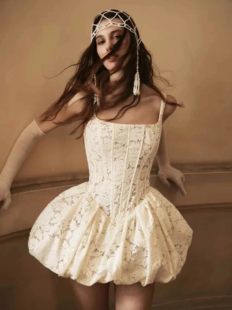 Simple Ball Gown Spaghetti Straps Lace Beige Homecoming Dress Summer Hoco Dresses Cocktail Dress DP1771 - Deanwangkt