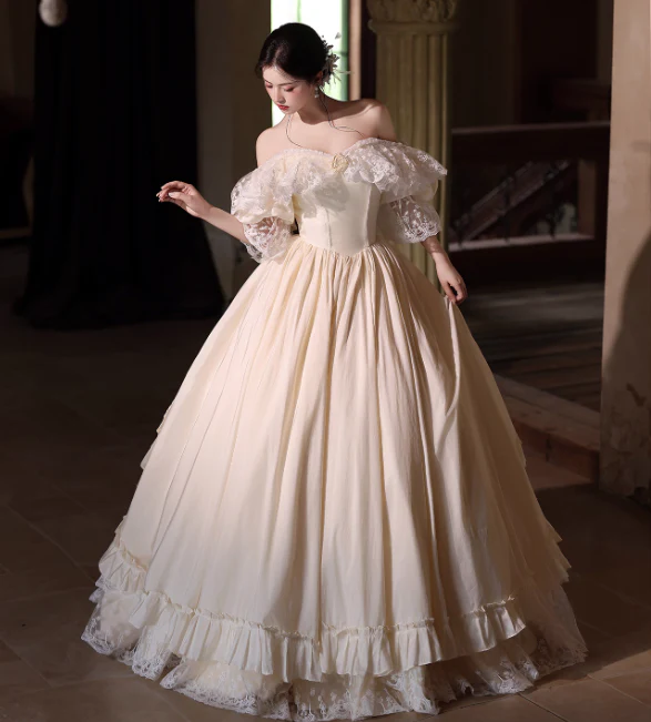 French Off-the-shoulder A-Line Wedding Dresses Lace Champagne Bridal Gowns DP3298 - Deanwangkt