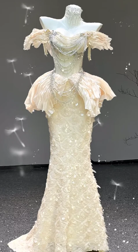 Elegant Mermaid Long Evening Dress Off-the-shoulder Beaded Tulle Wedding Guest Dress DP2882 - Deanwangkt