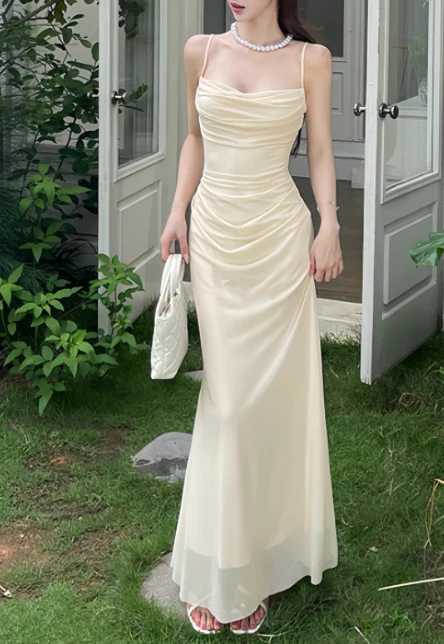 Elegant Spaghetti Strap Sheath Chiffon Long Prom Dresses, Apricot Formal Evening Dress DP3084 - Deanwangkt