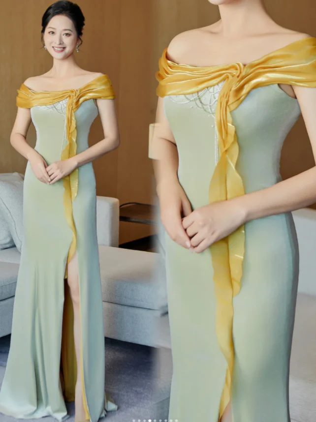 Glam Off-the-shoulder Sheath Green Mother of the Bride Dress Satin Green Evening Dress DP3710 - Deanwangkt