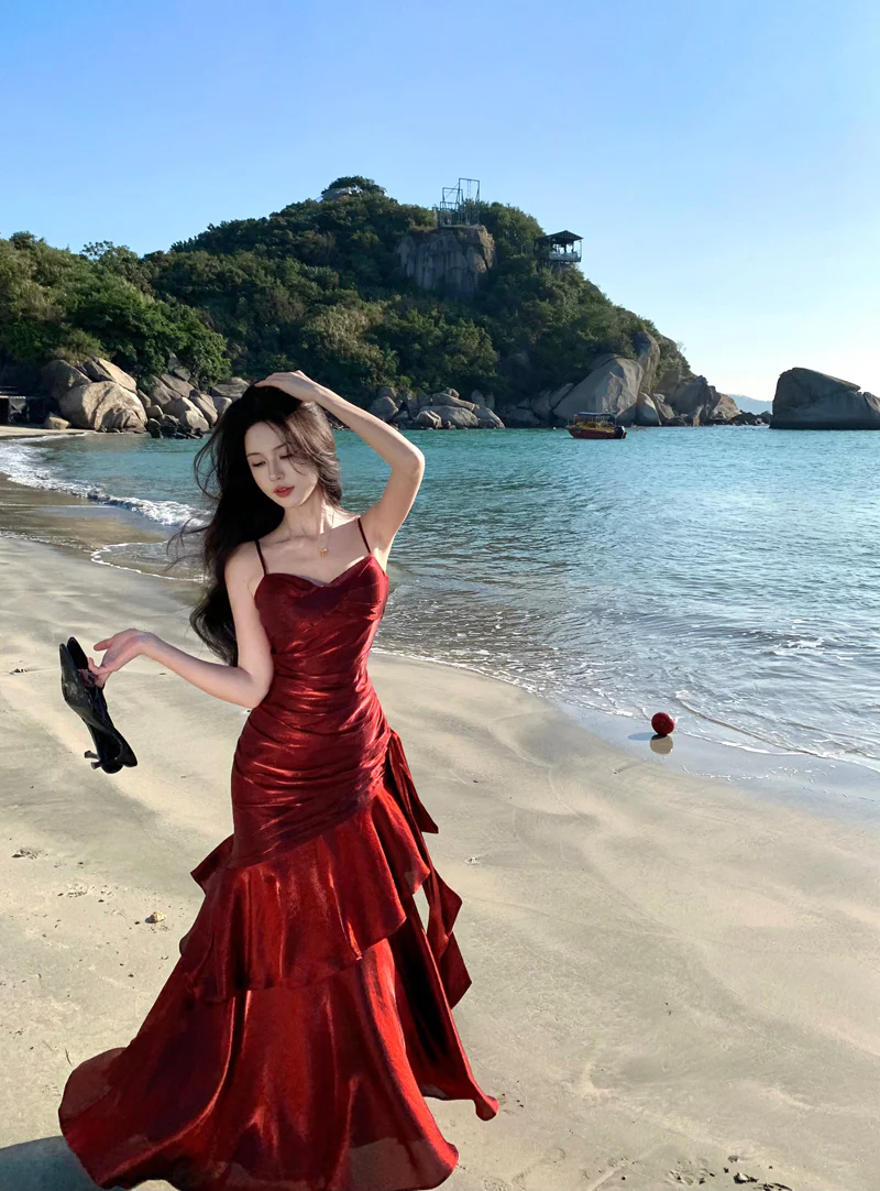 Modest Mermaid Spaghetti Straps Sleeveless Maroon Red Long Prom Gown Prom Dresses DP237 - Deanwangkt