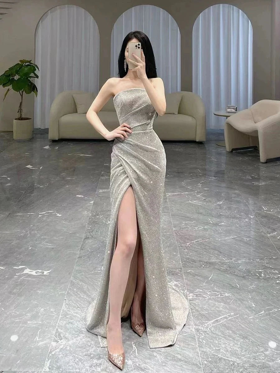 Classy Mermaid Strapless Sequin Evening Dress Long Prom Dresses H2886 - Deanwangkt