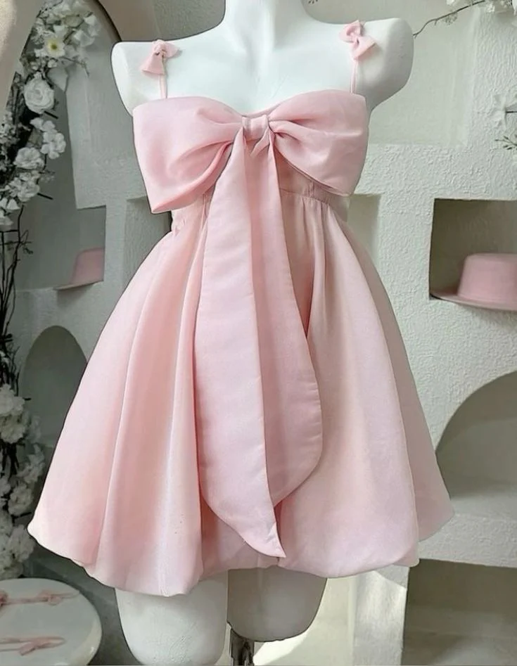 Vintage A line Spaghetti Straps Pink Satin Bow-knot Short Mini Formal 8th Grade Homecoming Dresses Summer Middle School Hoco Dress Birthday Outfits W1188 - Deanwangkt