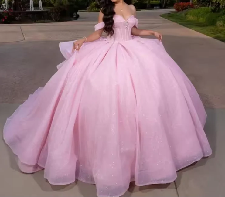 Pretty Ball Gown Off The Shoulder Pink Tulle Long Quinceanera Dress Formal Gowns Vestido De 15 Anos Sweet 16 Dress DH1841 - Deanwangkt