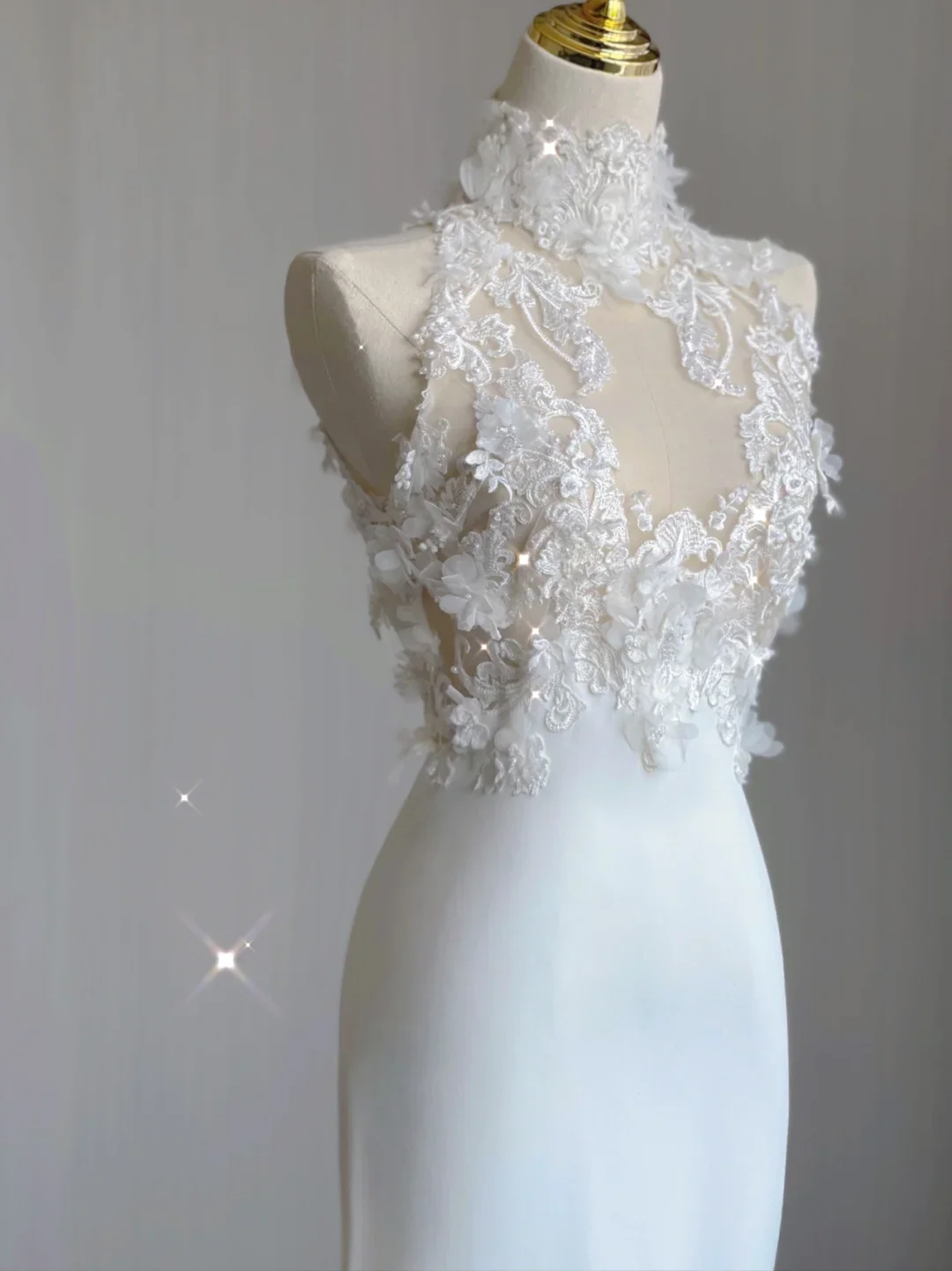 Classy Elegant Mermaid High Neckline Long Sleeves Lace Satin Wedding Dresses Brides Dress DP345 - Deanwangkt