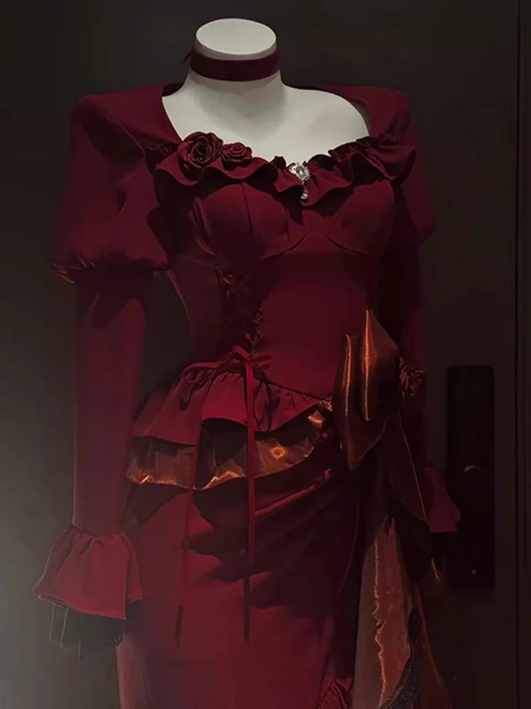 Vintage Mermaid Square Neck Burgundy Satin Long Summer 18th Birthday Dress Lolita Dress 18th Birthday Outfits Lolita Outfit DH2440 - Deanwangkt