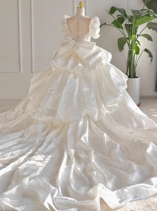 Princess Bridal Dress Ball Gown V-Neck Satin White Beads Long Wedding Dress Modest Lace Bridal Gowns DP2766 - Deanwangkt