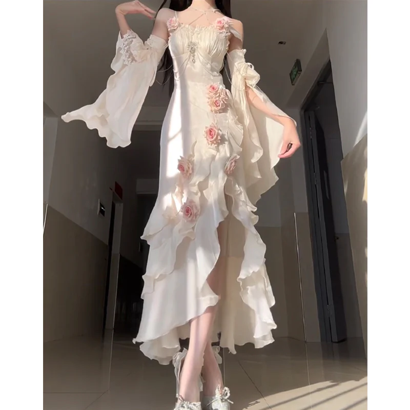 Vintage High Low Spaghetti Straps Ivory 16th Birthday Dress Lolita Dress Satin Birthday Outfits DP0227 - Deanwangkt
