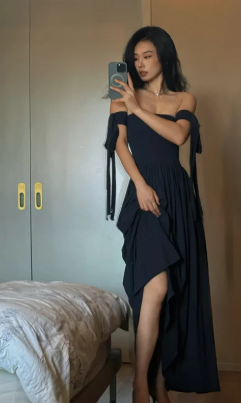 Sexy Off-the-shoulder Sheath Chiffon Evening Dresses Black Birthday Dresses DP03035 - Deanwangkt
