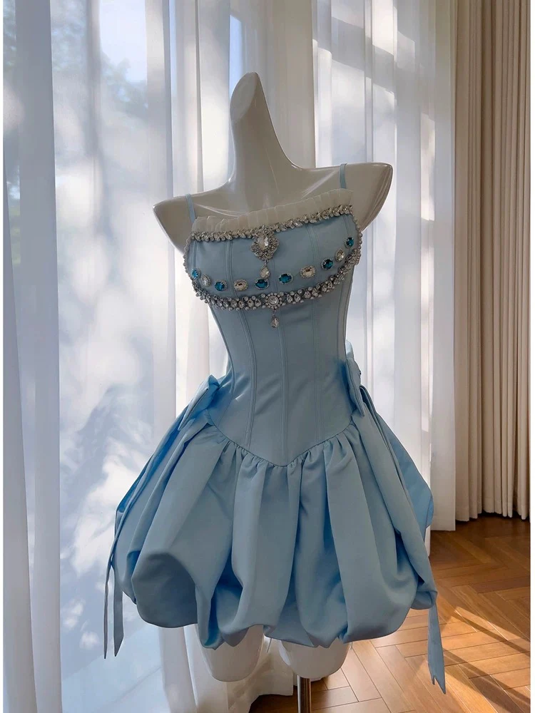 Trendy Ball Gown Spaghetti Straps Blue Satin Sleeveless Formal Short 8th Grade Homecoming Dress Summer Middle School Hoco Dresses Cocktail Dress Birthday Outfits W940 - Deanwangkt