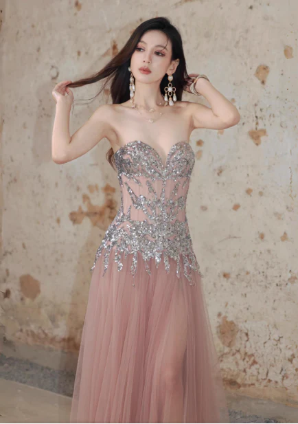 Modest Sweetheart Neck Formal Dress Pink Tulle Sequins Evening Gown Sparkly 16th Birthday Dress DH2704 - Deanwangkt