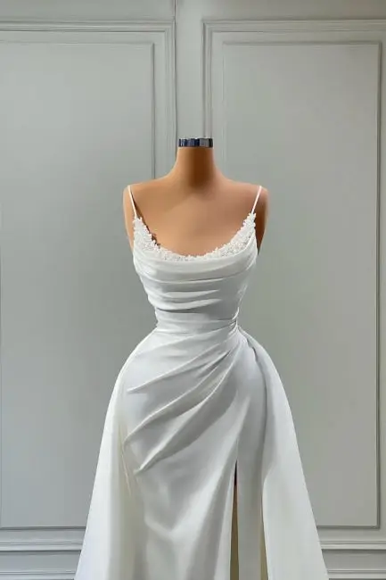 Beautiful White Long A-line Spaghetti Straps Wedding Dresses With Beads Brides Dress DP625 - Deanwangkt