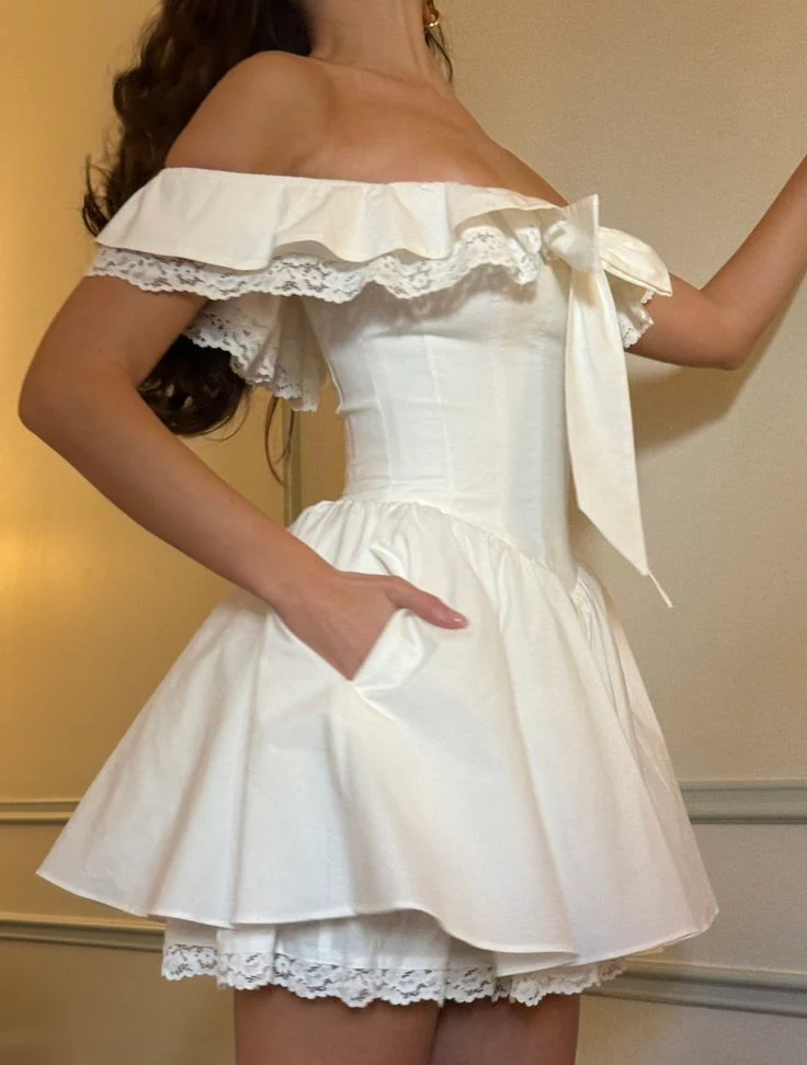 Cute Ball Gown Off The Shoulder White Summer Lace Homecoming Dress Hoco Dress Mini 18th Birthday Outfit Cocktail Dresses DP1865 - Deanwangkt