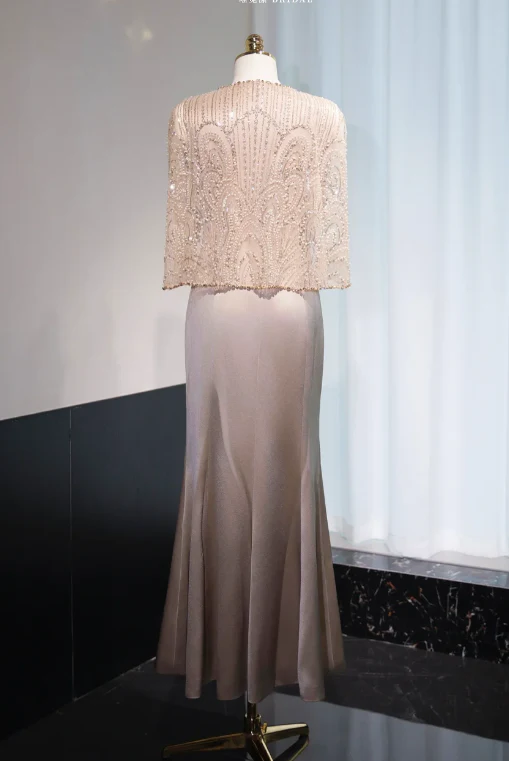 Elegant Jewel Mermaid Mother of the Bride Dresses with Cape, Light Brown Satin Evening Dresses DP3239 - Deanwangkt