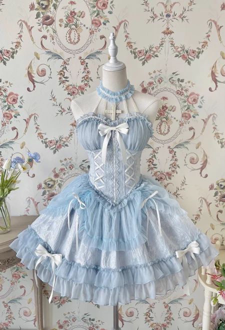 Vintage Ball Gown Halter White/Blue Tulle Lace 22nd Birthday Dress Lolita Dress Cute Lolita Outfits DP2763 - Deanwangkt