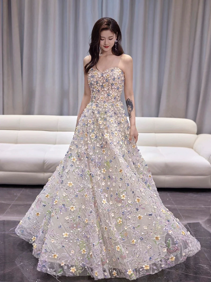 Classy Elegant Ball Gown Sweetheart White Flowers Tulle Long Prom Dresses H2895 - Deanwangkt