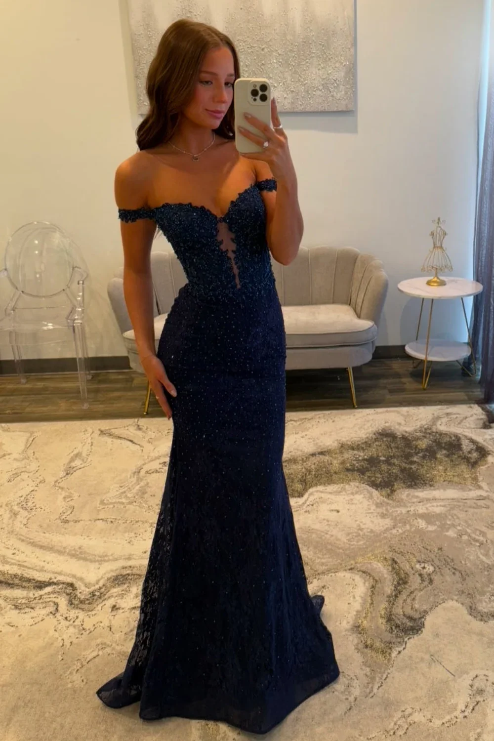 Sexy Navy Blue Mermaid Lace Appliques Prom Dresses Long for Women Prom Dress DP277 - Deanwangkt