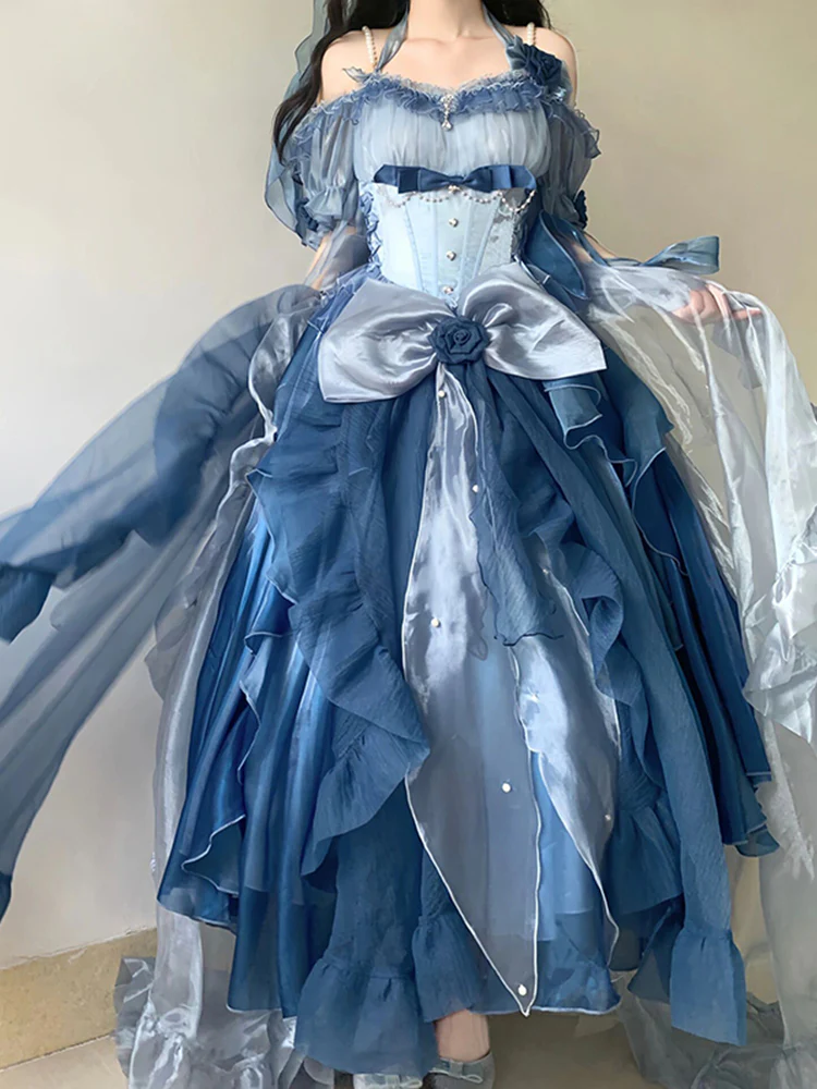 Vintage Ball Gown Off The Shoulder Short Sleeves Blue 16th Chiffon Birthday Dress Lolita Dress 18th Birthday Outfits W1132 - Deanwangkt