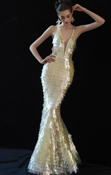 Chic Yellow Mermaid Evening Gowns V Neck Formal Dress Modest Sequin Sleeveless Long Prom Dresses DH2698 - Deanwangkt