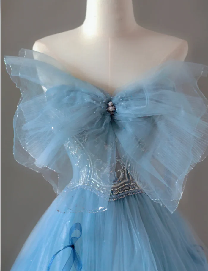 Pretty Ball Gown Strapless Blue Tulle l Sleeveless Long Prom Dresses Evening Dresses DP520 - Deanwangkt