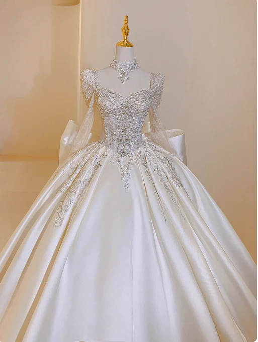 Princess Bridal Dress Ball Gown V-Neck Satin White Beads Long Wedding Dress Modest Long Sleeves Bridal Gowns DP2768 - Deanwangkt