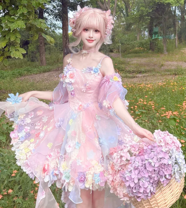 Fairy Spaghetti Strap Ball Gown Tulle Applique Birthday Dresses Pink Lolita Dresses DP3324 - Deanwangkt
