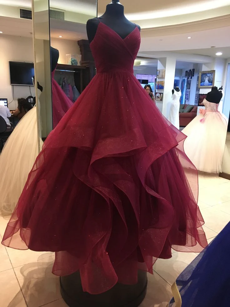 Sparkly Ball Gown Spaghetti Straps Burgundy Tulle Sleeveless Long Evening Party Gowns Evening Dress Special Formal Dresses Prom Dress DH217 - Deanwangkt