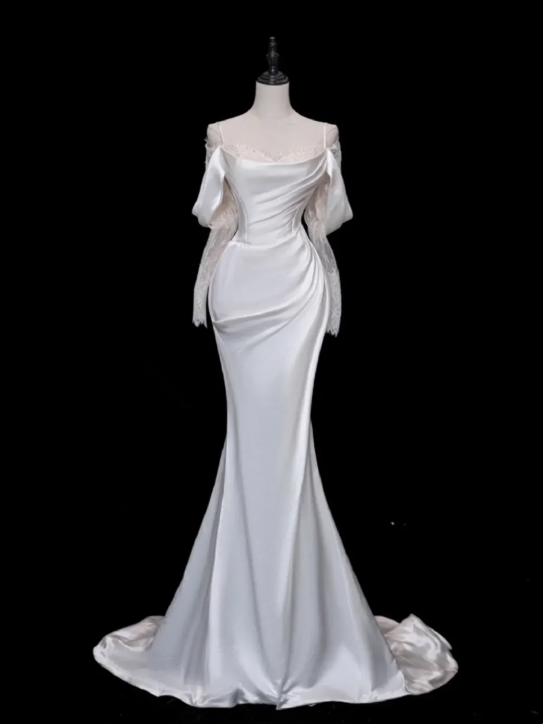 Pretty Bridal Gown Mermaid Off The Shoulder Satin Long Sleeves White Wedding Dresses Elegant Bridal Gowns Brides Dress DH878 - Deanwangkt