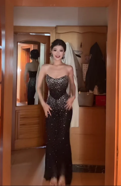 Elegant Strapless Sheath Long Prom Dresses Rhinestone Black Evening Gown DP3811 - Deanwangkt