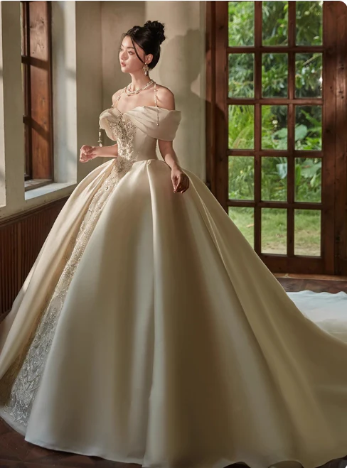 Princess Strapless Ball Gown Satin Long Wedding Dresses Beaded White Bridal Gowns Short Sleeve Bridal Dresses DP3868 - Deanwangkt